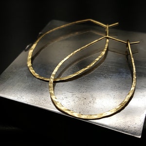 Large 14K Solid Yellow Gold Hand Hammered Oval Hoop Earrings