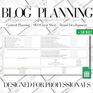 May include: A printable worksheet for planning a blog. The worksheet includes sections for content planning, SEO, and brand development. The worksheet is designed for professionals.