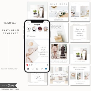 Op de afbeelding: Een verzameling van negen Instagram-posttemplates met een moderne minimalistische esthetiek. De templates bevatten verschillende afbeeldingen, waaronder een kopje koffie, een vrouw in een rok, een stapel boeken en een stoel. De tekst op de templates bevat zinnen als "Shop Our Favorite Styles", "Give Back", "New Styles Added" en "Pretty Little Things".
