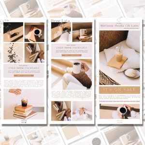 Op de afbeelding: Een digitale marketingafbeelding voor een koffiebar genaamd Brew Lala. De afbeelding toont een verscheidenheid aan koffiedrankjes, waaronder koude brouwcocktails en een wellness mocha chai latte. De afbeelding bevat ook tekst die zegt "Now Serving: Cold Brew Cocktails" en "It's on Sale at Last".