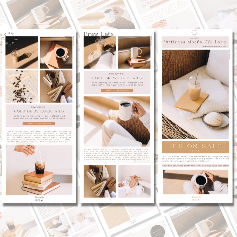 Op de afbeelding: Een digitale marketingafbeelding voor een koffiebar genaamd Brew Lala. De afbeelding toont een verscheidenheid aan koffiedrankjes, waaronder koude brouwcocktails en een wellness mocha chai latte. De afbeelding bevat ook tekst die zegt "Now Serving: Cold Brew Cocktails" en "It's on Sale at Last".