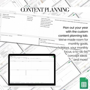 May include: A digital content planning calendar template for 2023. The template includes sections for monthly goals, holidays, a to-do list, concept ideas, and more. The template is designed to help users plan out their year with a custom content planning tab.