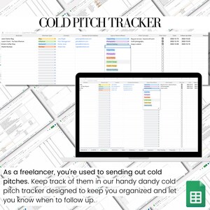 May include: A spreadsheet with the title "Cold Pitch Tracker" on a computer screen. The spreadsheet is designed to help freelancers keep track of their cold pitches and follow up with potential clients.
