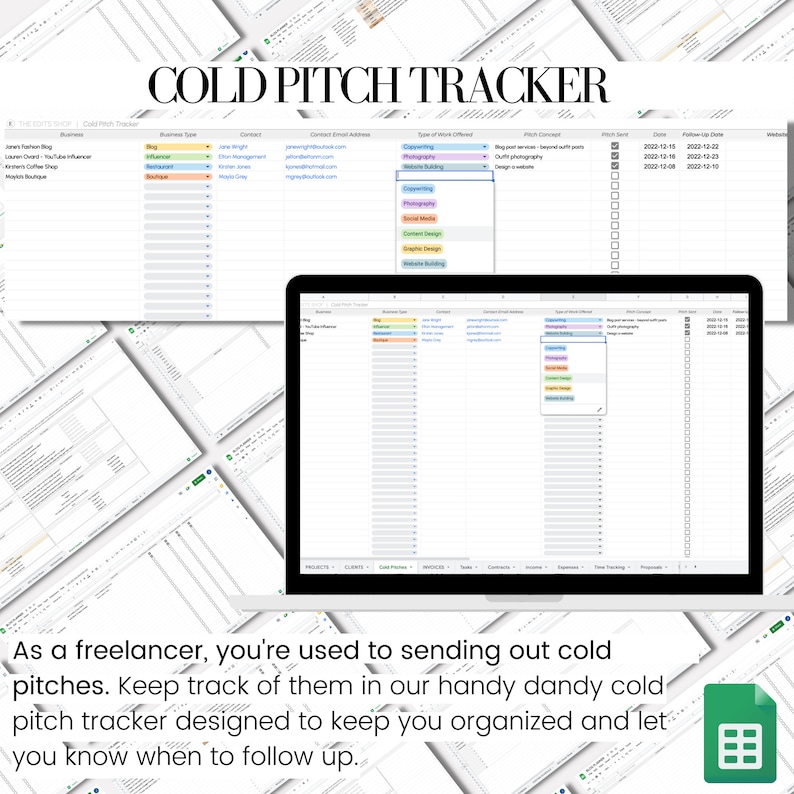 May include: A spreadsheet with the title "Cold Pitch Tracker" on a computer screen. The spreadsheet is designed to help freelancers keep track of their cold pitches and follow up with potential clients.