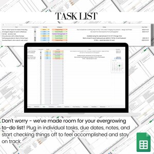 May include: A green and white spreadsheet with the text "TASK LIST" in a black font. The spreadsheet is divided into columns with headings for "Task", "Completed", "Priority", "Category", "Notes", and "Due Date". The spreadsheet is filled with tasks, due dates, and notes.