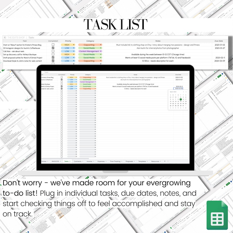 May include: A green and white spreadsheet with the text "TASK LIST" in a black font. The spreadsheet is divided into columns with headings for "Task", "Completed", "Priority", "Category", "Notes", and "Due Date". The spreadsheet is filled with tasks, due dates, and notes.
