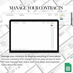 May include: A screenshot of a spreadsheet program with the title "Manage Your Contracts". The spreadsheet has columns for client, contract, important notes, start date, end date, and status. The spreadsheet is used to track contracts and their status.