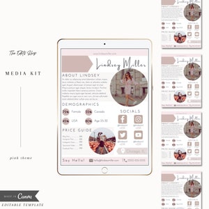 Op de afbeelding: Een roze en witte media kit-sjabloon voor Lindsey Miller, een social media influencer. De sjabloon bevat een kopfoto, social media-pictogrammen, demografie en een prijsgids. De tekst "Lindsey Miller" is in een roze en witte lettertype.