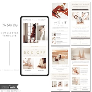 May include: A newsletter template for an online shop selling scarves, boots, and jewelry. The template features a warm color palette with images of clothing and accessories. The text includes the phrase "Shop Now" and "Up to 50% Off".
