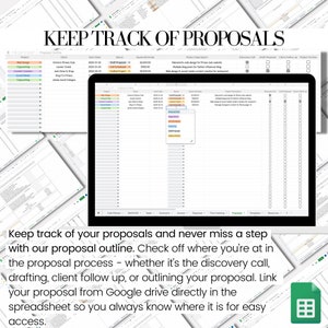 May include: A spreadsheet with the title "Keep Track of Proposals" showing a list of projects, clients, start dates, status, quote estimates, project descriptions, and checkboxes for discovery call, draft proposal, client follow-up, and project outline. The spreadsheet is a tool for managing proposals and tracking progress.