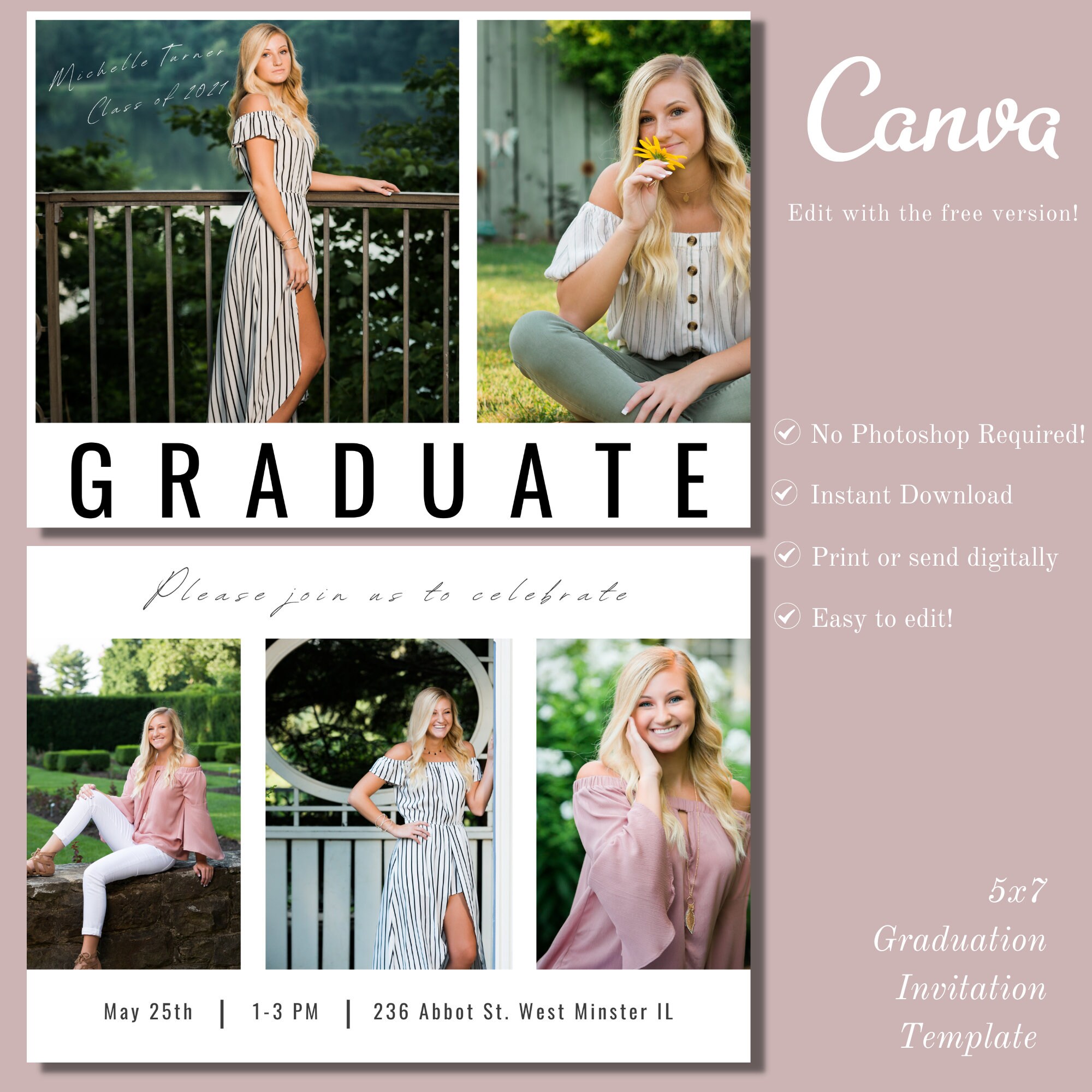 Graduation Invitation Template Canva Template Photo Card Etsy