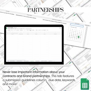 May include: A computer screen displaying a spreadsheet with the title "Partnerships". The spreadsheet has columns for "Concept", "Photo Ideas", "Submission Guidelines", "Due Date", and "Submitted". The spreadsheet is used to track brand partnerships and includes a calendar for tracking due dates.