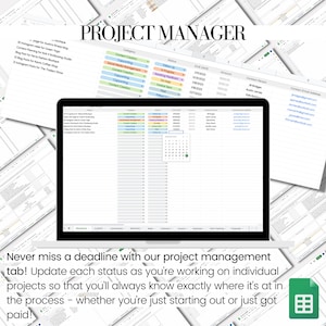 May include: A screenshot of a project management spreadsheet with a green and white color scheme. The spreadsheet has columns for project name, category, status, due date, amount, contact person, and contact email address. The spreadsheet is titled "Project Manager".