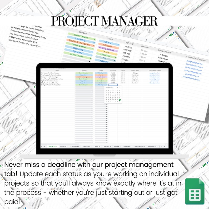 May include: A screenshot of a project management spreadsheet with a green and white color scheme. The spreadsheet has columns for project name, category, status, due date, amount, contact person, and contact email address. The spreadsheet is titled "Project Manager".