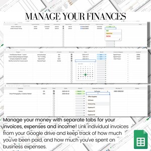 May include: A spreadsheet template for managing finances with separate tabs for invoices, expenses, and income. The template includes sections for client information, invoice number, due date, amount due, deposit paid, attached invoice, follow-up date, status, notes, and expense category. The template also includes a calendar for tracking due dates and a section for recording receipts.
