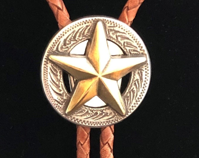 Bronze Tips - Two-Tone Texas Star Concho Bolo Tie on Light Saddle Tan Leather Braid