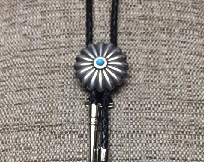 Squash Blossom Concho on Black Braided Leather Bolo Tie