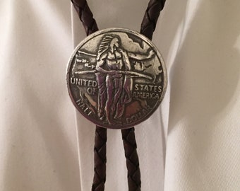 Oregon Trail Half Dollar Concho Bolo Tie on Antique Dark Brown Braided Leather Braid