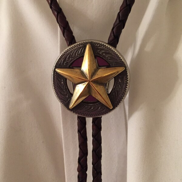 Two-Tone Texas Star Concho Bolo Tie on  Antique Dark Brown Leather Braid
