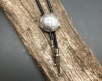 Feather Shield Concho on Black Braided Leather Bolo Tie