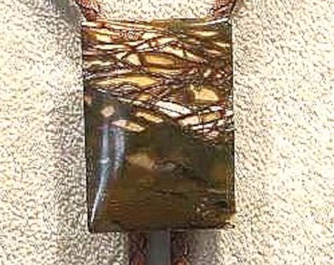 Red Creek Jasper Bolo Tie on Light Saddle Tan Braided Leather with Brass Tips
