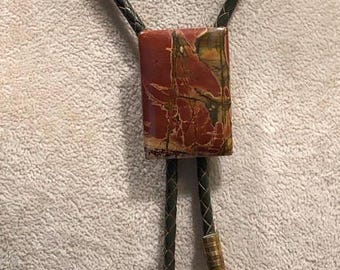 Red Creek Jasper Bolo Tie on OLIVE GREEN Braided Leather with Brass Tips
