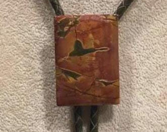 Red Creek Jasper Bolo Tie on OLIVE GREEN Braided Leather with Brass Tips