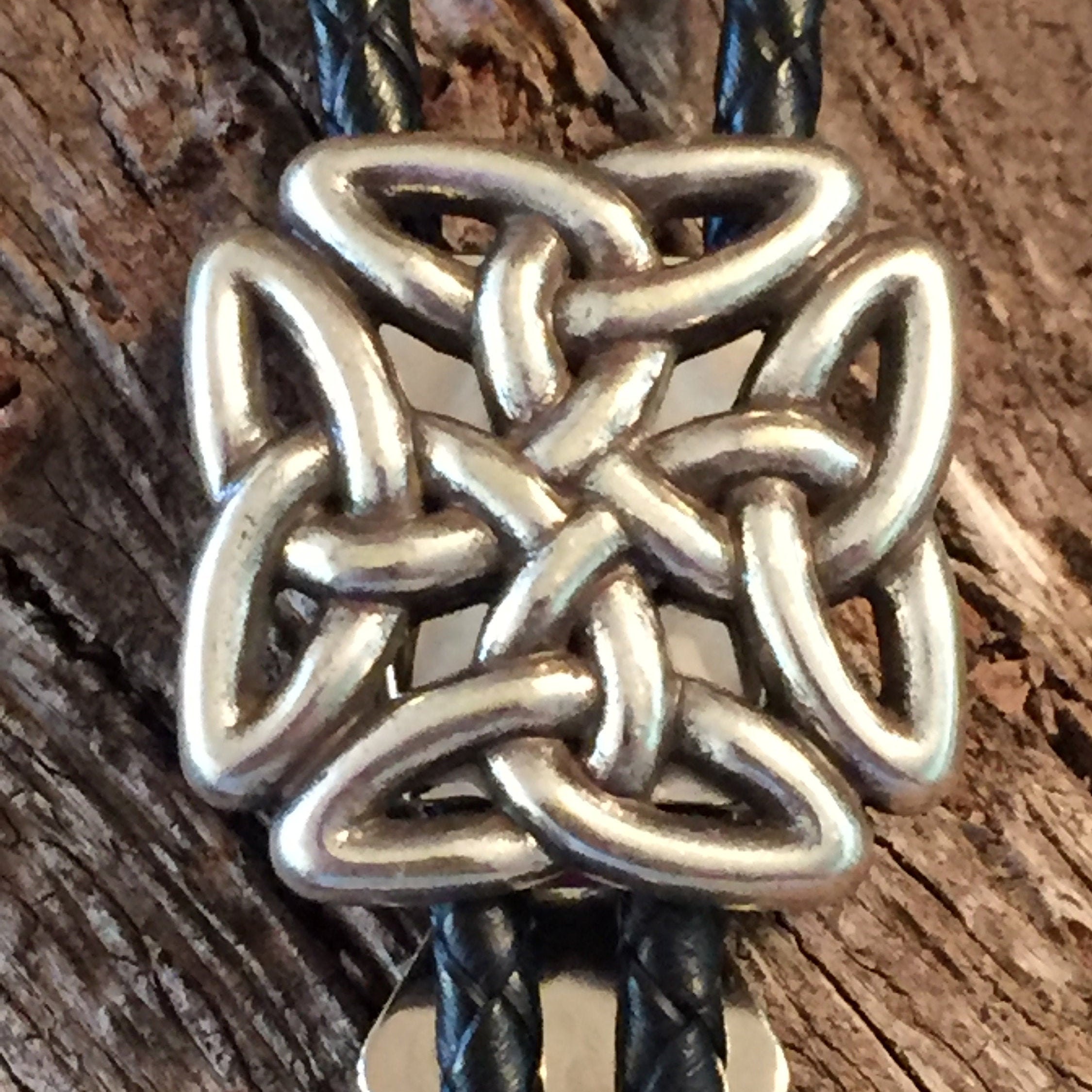 Celtic Knot Concho on Black Braided Leather Bolo Tie