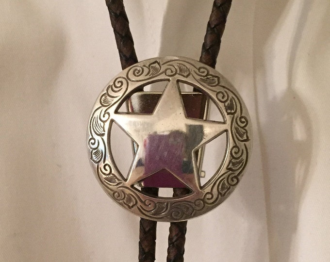 Texas Star Concho Bolo Tie on  Antique Dark Brown Leather Braid