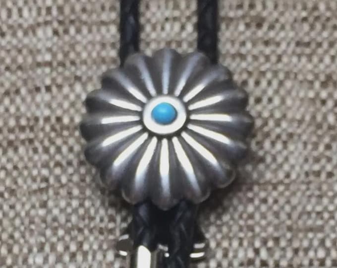 Squash Blossom Concho on Black Braided Leather Bolo Tie