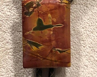 Red Creek Jasper Bolo Tie on OLIVE GREEN Braided Leather with Brass Tips