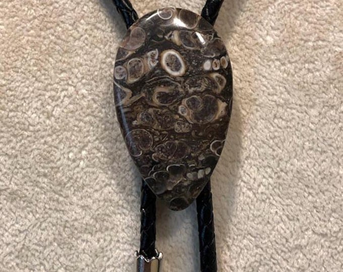 Turritella Stone Bolo Tie on Black Braided Leather Silver Tone Long Tips