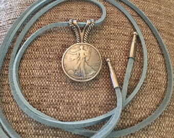 Lady Liberty Concho on Sky Blue Leather Lariat Necklace or Boot Bolo