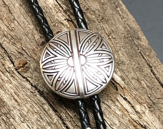 Feather Shield Concho on Black Braided Leather Bolo Tie