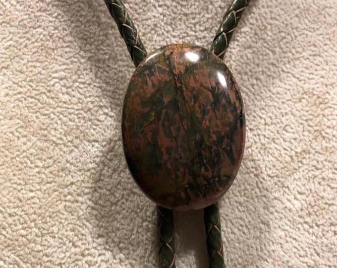 Red Creek Jasper Bolo Tie on OLIVE GREEN Braided Leather with Brass Tips