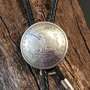 Morgan Dollar Concho (Eagle) on Black Leather Bolo Tie