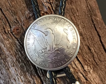 Morgan Dollar Concho (Eagle) on Black Leather Bolo Tie
