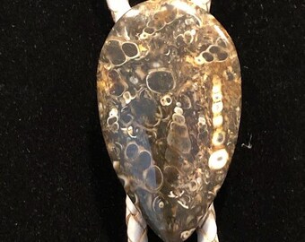 Turritella Stone Bolo Tie on SILVER Braided Leather with Silver Tone Tips