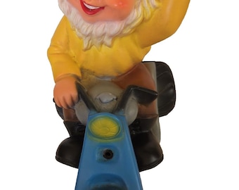 Rare Vintage Gnome Riding Motorcycle Plastic Made In Germany Whistler 12.5"x12