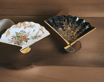 2Toyo Trading Co Fan Candy/Jewelry Dish Black Porcelain Bowl Vintage Collectible
