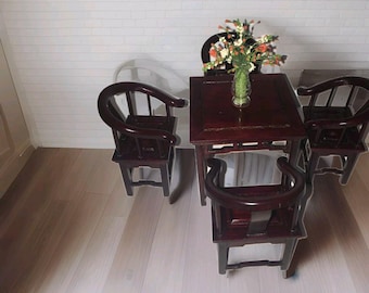 Vtg 1980's Miniature Chinese Rosewood 1:12 Square Table 4 Chair Furniture Set