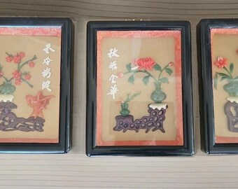 Vtg Chinese Coral Jade Stone Proverb 7.5"x 5.3/4adowbox Art Signed Planter 80's
