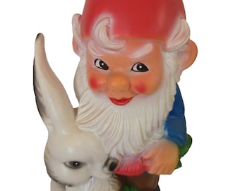 Rare Vintage Gnome With A Rabbit Plastic Gnome Made In Germany Whistler 13.5"