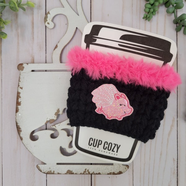 Crocheted Cup Cozy | Flying Pig | Black and Pink | Reusable | Handmade