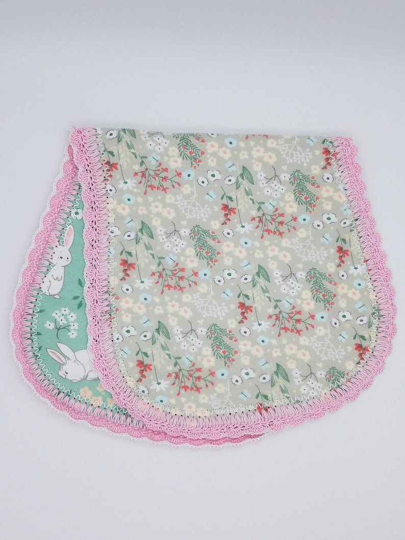 Baby Girl Flowers Flannel Burp Cloth with Crochet Edge Bunnies