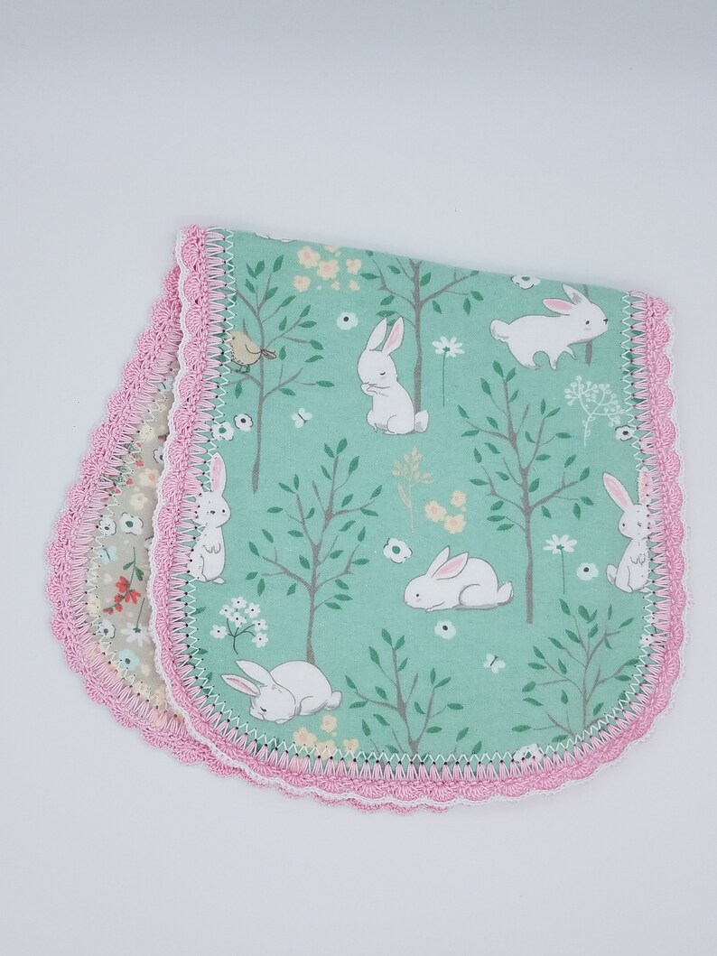 Baby Girl Flowers Flannel Burp Cloth with Crochet Edge Bunnies