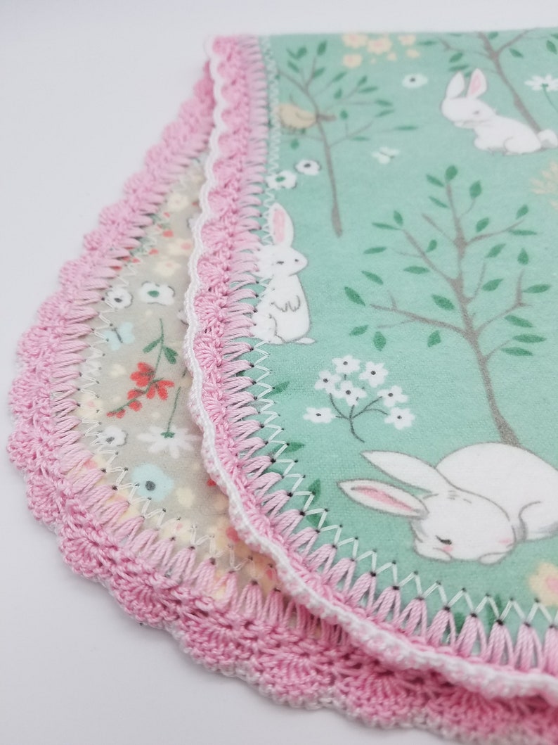 Baby Girl Flowers Flannel Burp Cloth with Crochet Edge Bunnies