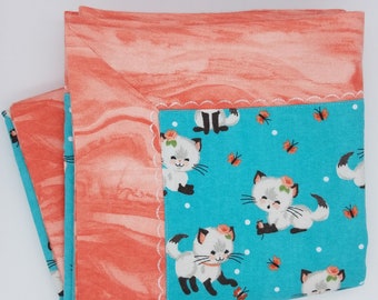 Flannel Baby Blanket - Kittens, Cats, Baby Girl, Self Binding Blanket