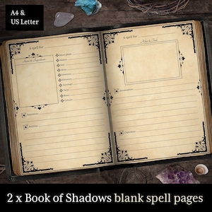 2 páginas de hechizos del Libro de las Sombras, páginas imprimibles en blanco, páginas de grimorio, libro de hechizos de brujería, Wicca, pagano, páginas BoS, tamaños A4 y Carta de EE. UU.