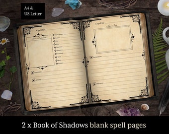 May include: Two blank pages from a Book of Shadows, designed for recording spells. Each page has sections for the spell name, ingredients, moon phase, intention, incantation, and outcome.